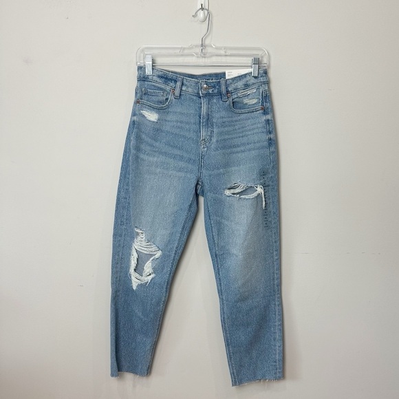 American Eagle Outfitters Denim - American Eagle Mom Jeans Monaco Blue Distressed Stretch High Waist Raw Hem